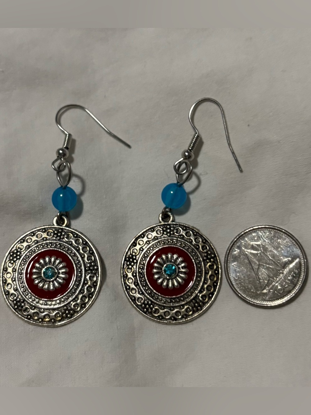 Boho Silver-Tone Red and Turquoise Drop Earrings